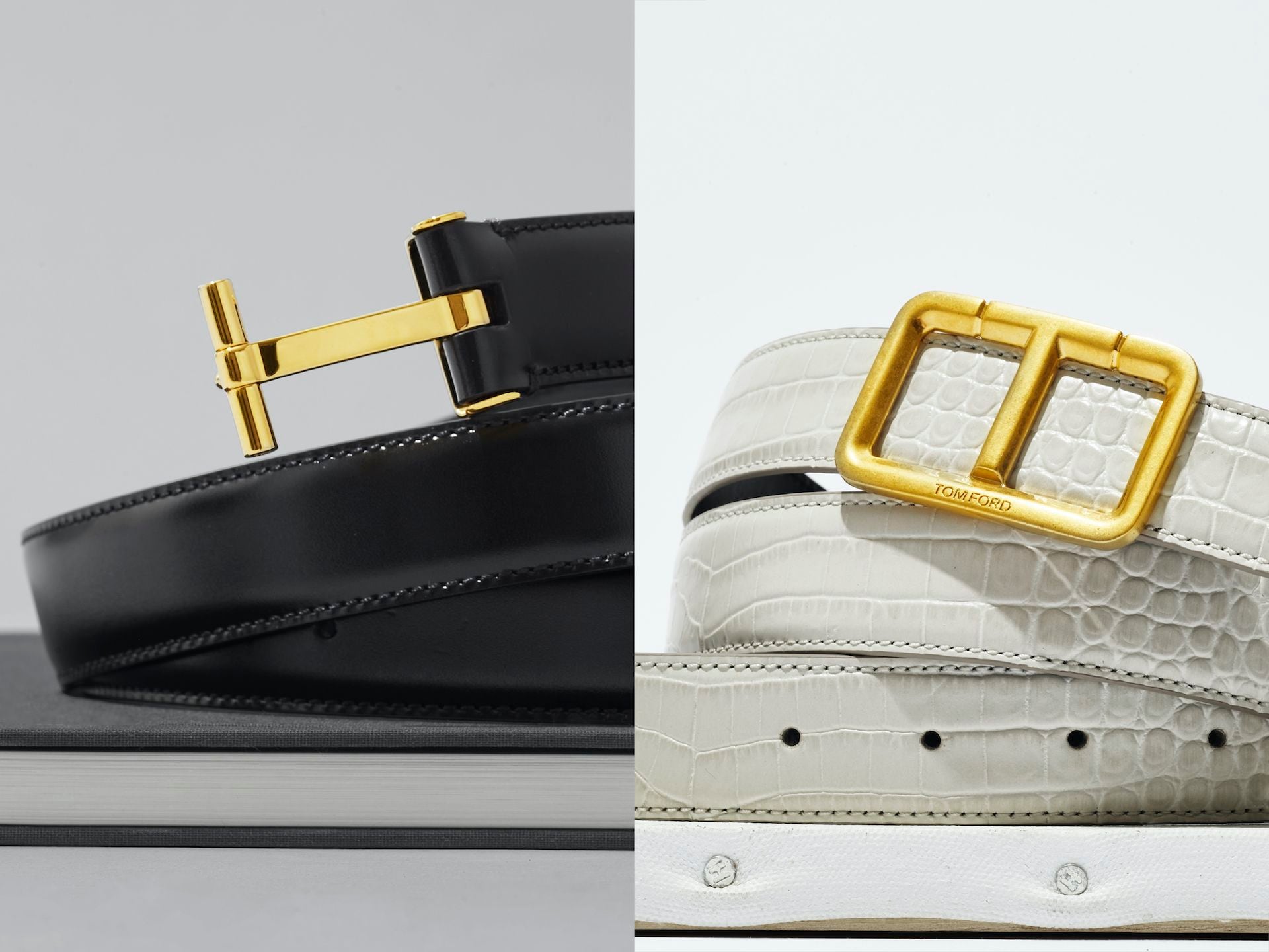 T」のアイコンが輝くトム フォードのレザーベルト、新作は力強い