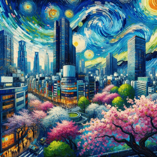 ゴッホ風に東京の景色を描いて」と指示した際に出力された画像