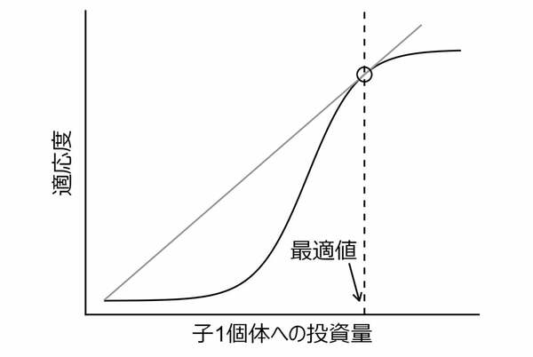図3.Smith and Fretwell (1974)が示した最適投資量の概念図。限界値の定理(Marginal Value Theorem: MVT)の派生形でもある。