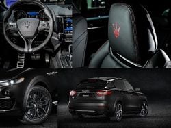 レヴァンテ「ネリッシモ・パッケージ」のハイライト。左上より時計回りにインパネ、鮮やかな赤で刺しゅうされたトライデントロゴ、リアビュー、ブラックに染め上げられたフロントホイール