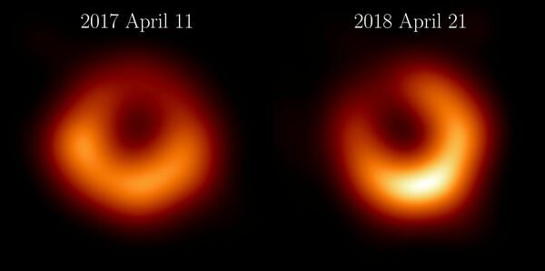 M87ブラックホールの輪郭。左側が2017年4月、右側が2018年4月の写真（提供：EHT Collaboration/SWNS/アフロ）