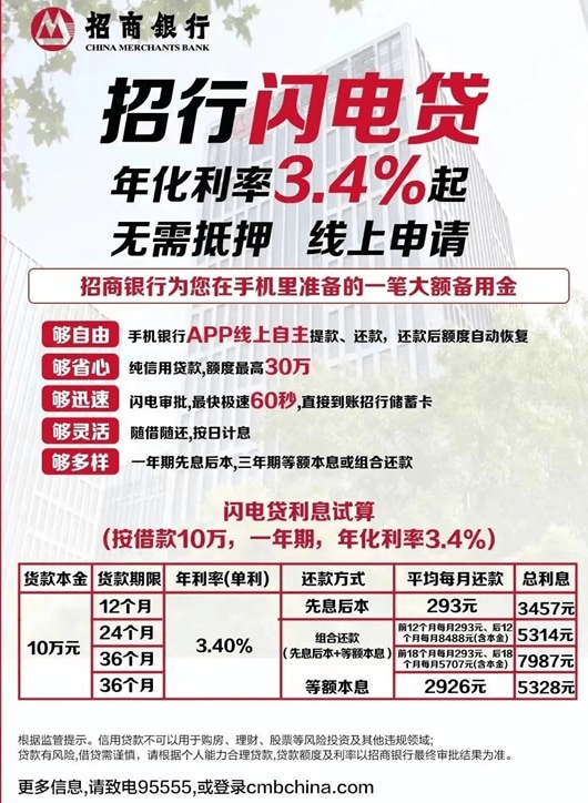 大手銀行招商銀行（China Merchant Bank）による消費者ローンのチラシ