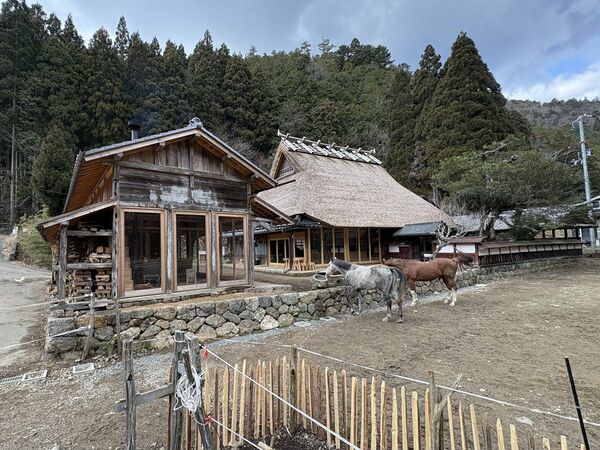 「2m26 Atelier」。写真左がアトリエ、右が母屋。周囲から建築材料を「収穫」し、動物たちと協力して暮らしを営む。設計：セバスチャン・ルノー、メラニー・へレスバック/2m26（写真：宮沢洋）