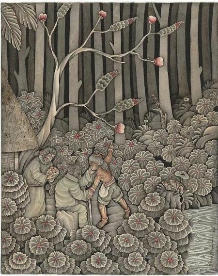 インドネシアの画家イ・マデ・グリヤワンさんが描いた、出発する桃太郎を見送るおじいさんとおばあさん。よくみると近くにカエルが描かれている（C）I Made GRIYAWAN