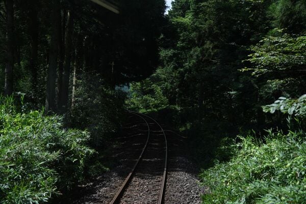 山あいを抜けるローカル線の線路。果たしてどこへたどり着く？
