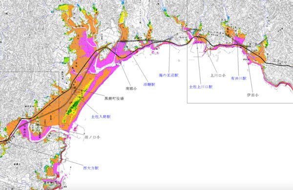 黒潮町の津波被害想定（大方）。数少ない平地の大半が浸水区域。津波高15m以上もザラ