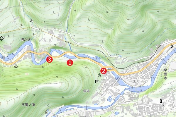函嶺洞門（①、閉鎖されているので淡色で示されている）、旭橋（②）、千歳橋（③）の位置