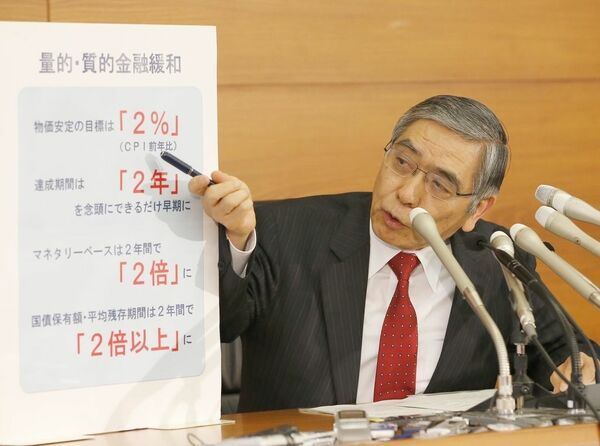 2013年、大規模な金融緩和策を記者会見で説明する黒田東彦・日銀総裁（当時、写真：共同通信社）